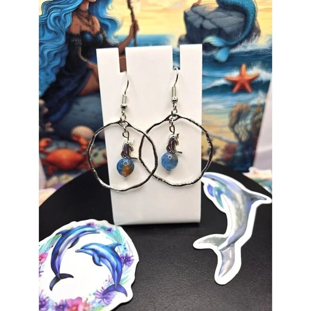 Ocean Whisper Dolphin Blue Fire Agate Gemstone Earrings